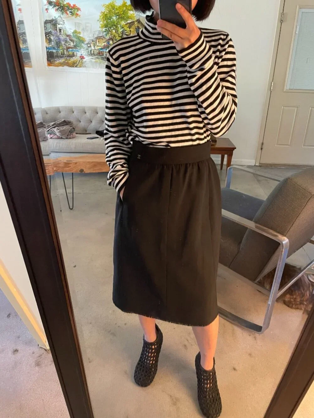 Chanel vintage Cruise 2000 mid length dark navy paneled A-Line wool skirt FR 34